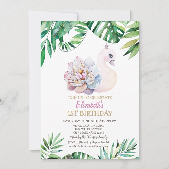 Invitation Aquarelle Bébé Swan, Feuille 1er anniversaire (Devant)