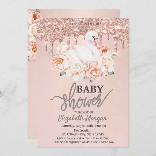 Invitation Aquarelle Bébé Swan Rose Parties scintillant or go (Devant / Derrière)