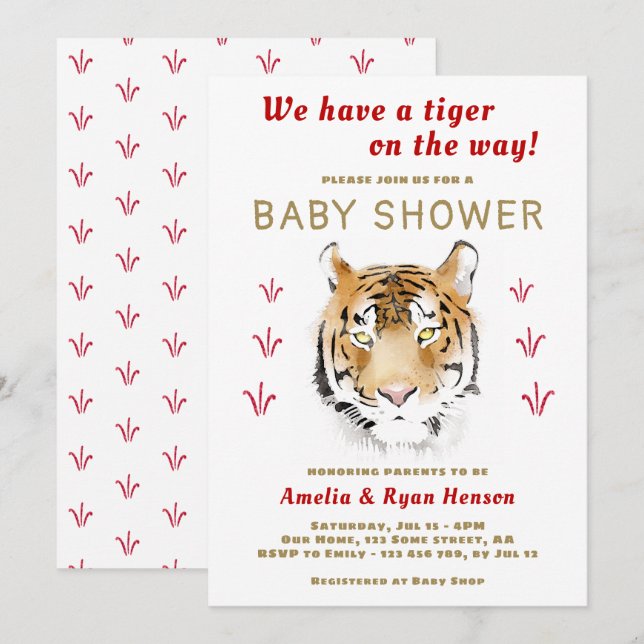 Invitation Aquarelle bébé tigre 2022 Baby shower (Devant / Derrière)