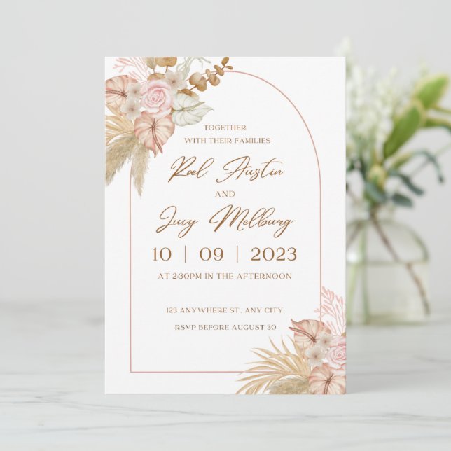 Invitation Aquarelle Beige Et Rose Mariage Floral (Debout devant)