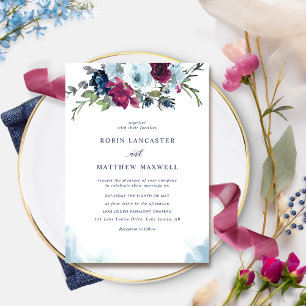 Invitation Aquarelle Berry Blue Bourgogne Floral Mariage Invi