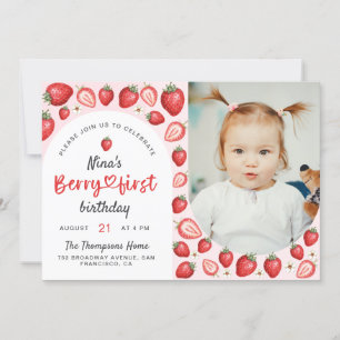 Invitation Aquarelle Berry First Sweet Birthday Photo