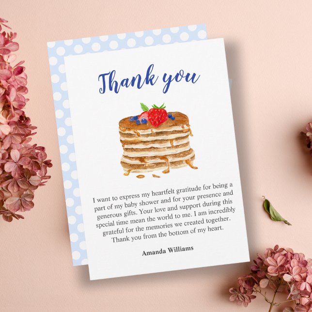 Invitation Aquarelle Berry Pancake En vichy bleu Merci (Sweet Brunch Thank You: Customizable Watercolor Pancake Artwork.)
