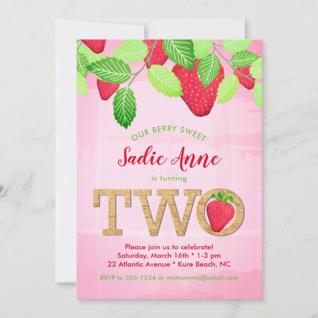 Invitation Aquarelle Berry Sweet Strawberry 2e anniversaire (Devant)