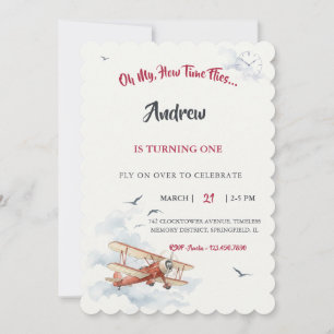Invitation Aquarelle Biplan Rouge Vintage Le Temps Passe Anni