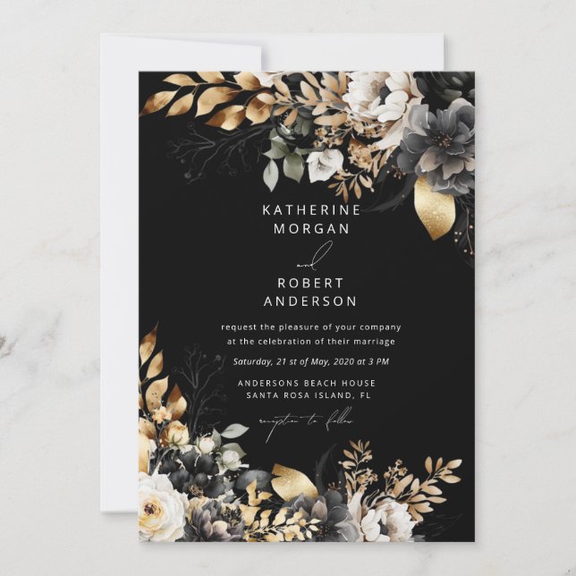 Invitation Aquarelle Black Gold Floral Mariage (Devant)