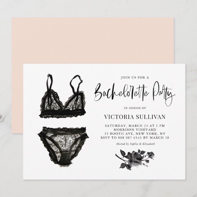 Invitation Aquarelle Black Lace Lingerie Bachelortie (Devant / Derrière)