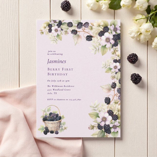 Invitation Aquarelle Blackberry Première fête d'anniversaire (Créateur téléchargé)