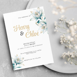 Invitation Aquarelle blanc bleu lièvre Mariage floral