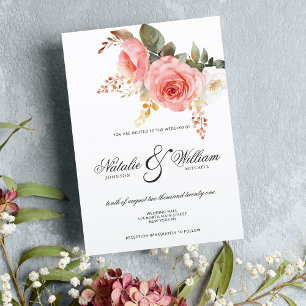 Invitation Aquarelle blanc corail rose rose mariage