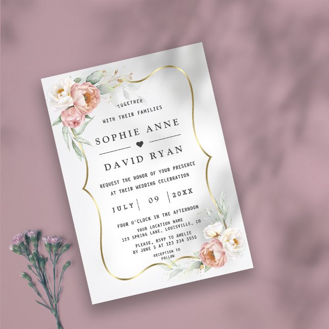 Invitation Aquarelle Blanc Dusty Rose Fleurs or Mariage (Créateur téléchargé)