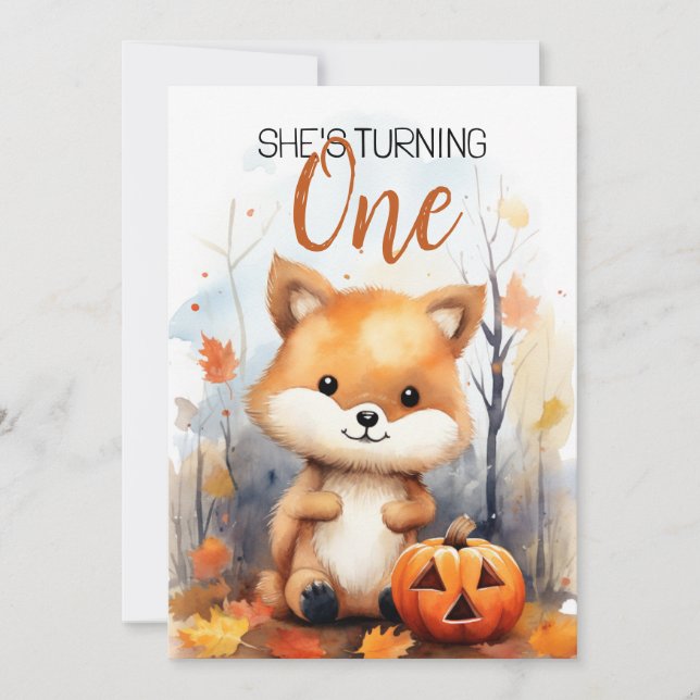 Invitation Aquarelle Blanc et Brown Joyeux Renard 1er anniver (Devant)
