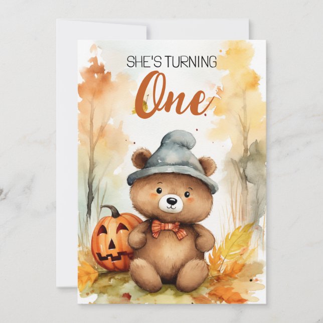 Invitation Aquarelle Blanc et Brown Ours d'automne 1er annive (Devant)