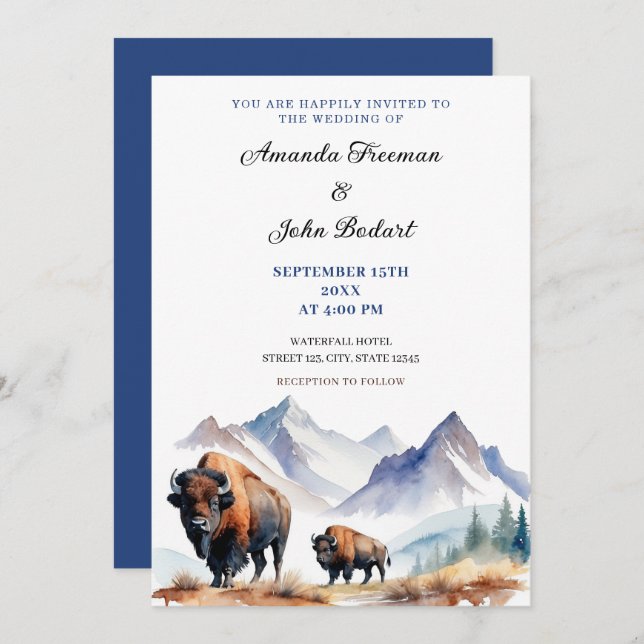 Invitation Aquarelle Blanc et marine Bison Mariage Buffalos (Devant / Derrière)