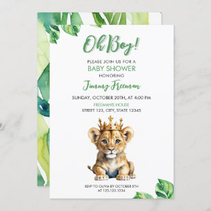 Invitation Aquarelle blanc et vert mou Baby shower Lion