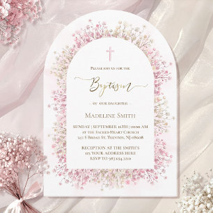 Invitation aquarelle blanc fleurs roses Baptême