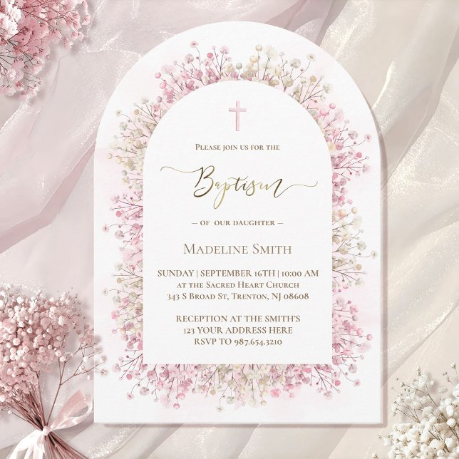 Invitation aquarelle blanc fleurs roses Baptême (Créateur téléchargé)
