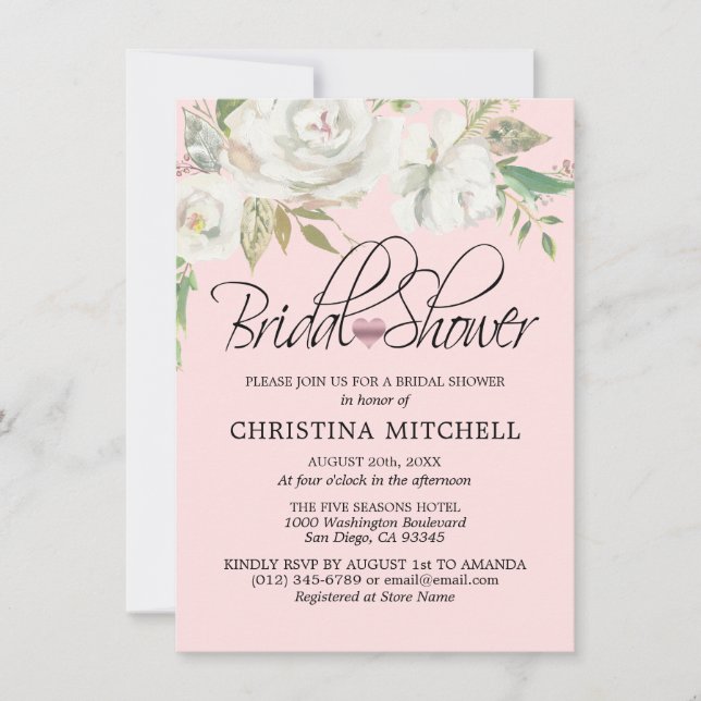 Invitation Aquarelle Blanc Floral Blush FÊTE DES MARIÉES rose (Devant)