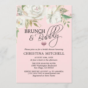 Invitation Aquarelle Blanc Floral Blush Rose Brunch & Bubbly