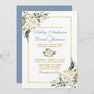 Invitation Aquarelle Blanc Floral Dusty Blue Gold Mariage
