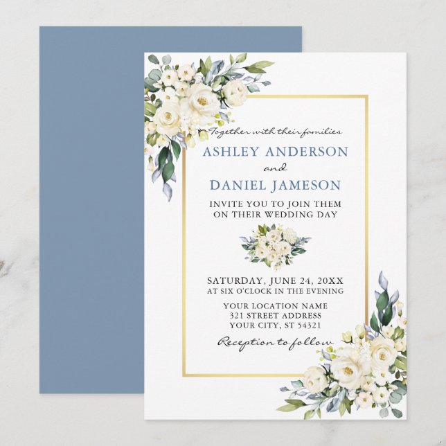Invitation Aquarelle Blanc Floral Dusty Blue Mariage (Devant / Derrière)