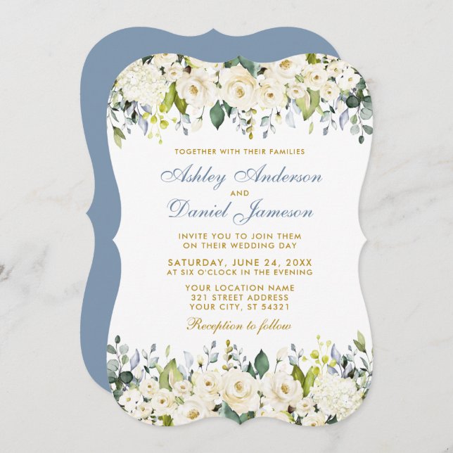 Invitation Aquarelle Blanc Floral Élégant Dusty Blue Mariage (Devant / Derrière)