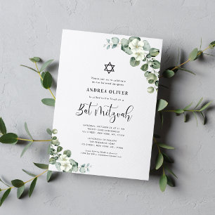 Invitation Aquarelle Blanc Floral Eucalyptus Bat mitzvah