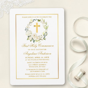 Invitation Aquarelle Blanc Floral Gold Cross Communion