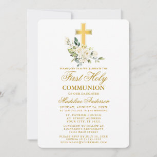 Invitation Aquarelle Blanc Floral Gold Cross Première communi
