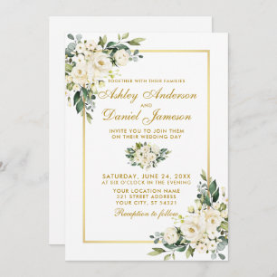 Invitation Aquarelle Blanc Floral Gold Photo Mariage