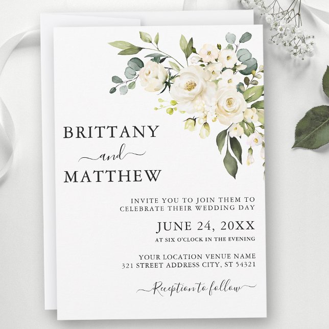 Invitation Aquarelle Blanc Floral Mariage (Customize to change text size, color or text style.)
