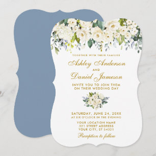 Invitation Aquarelle Blanc Floral Mariage Dusty Blue Gold