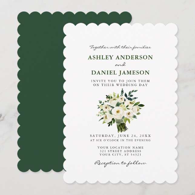 Invitation Aquarelle Blanc Floral Mariage Vert S (Devant / Derrière)