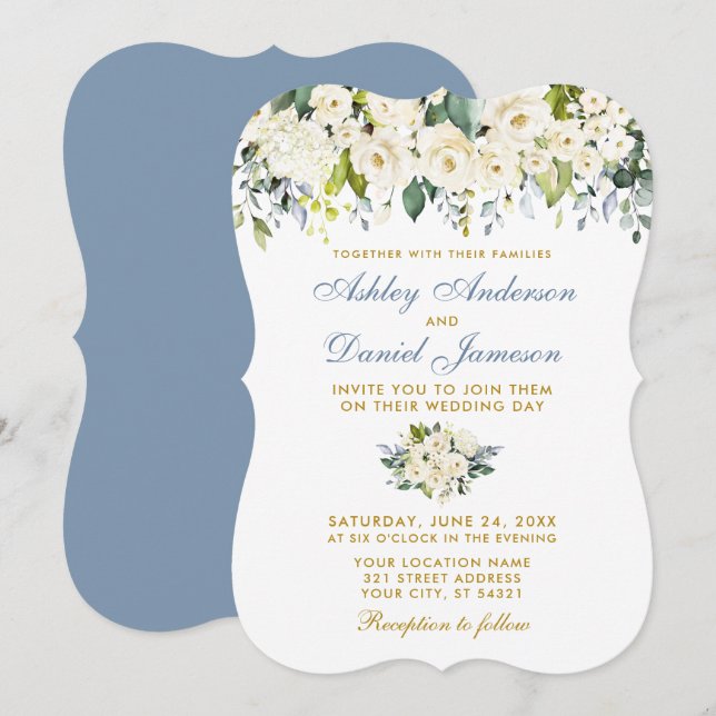 Invitation Aquarelle Blanc Floral Or Dusty Blue Mariage (Devant / Derrière)