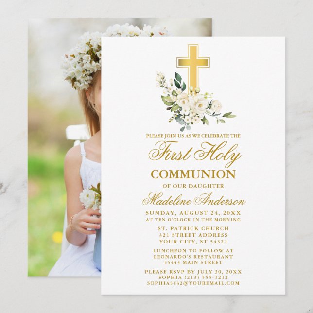 Invitation Aquarelle Blanc Floral Photo Première communion (Devant / Derrière)