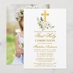 Invitation Aquarelle Blanc Floral Photo Première communion
