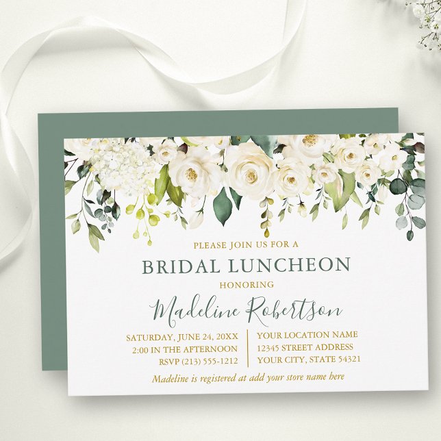 Invitation Aquarelle Blanc Floral Sage Vert Bridal Déjeuner (Customize to change text size, color, text style or color of back of card.)