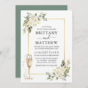 Invitation Aquarelle Blanc Floral Verre Mariage Sage Vert