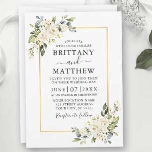 Invitation Aquarelle Blanc Floral Vert Mariage or