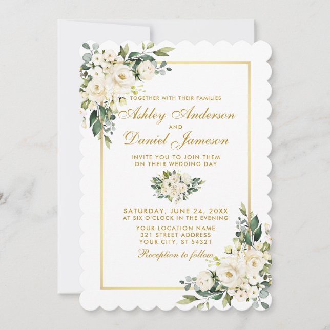 Invitation Aquarelle Blanc Floral Vert Mariage Or (Devant)