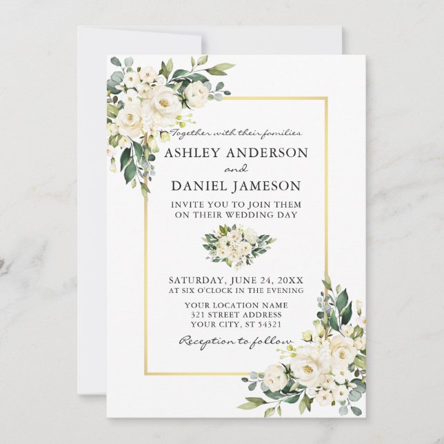 Invitation Aquarelle Blanc Floral Vert Mariage or (Devant)