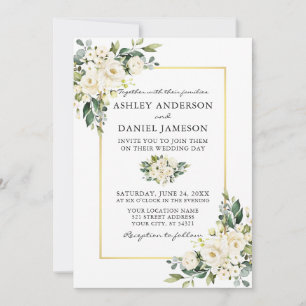 Invitation Aquarelle Blanc Floral Vert Mariage or