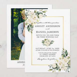Invitation Aquarelle Blanc Floral Vert Mariage photo