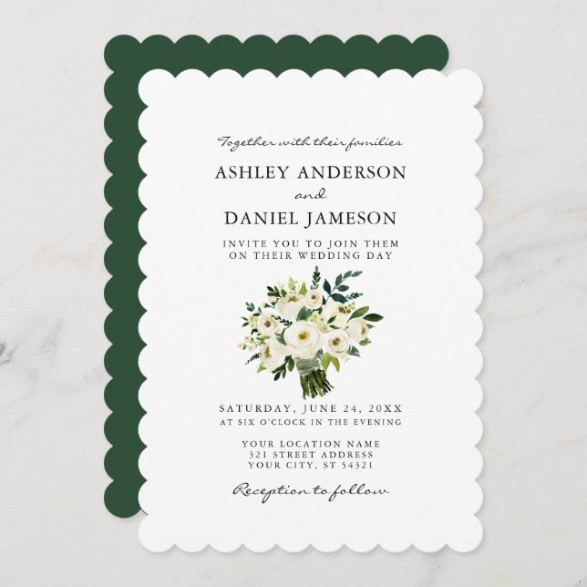 Invitation Aquarelle Blanc Floral Vert Mariage S (Devant / Derrière)