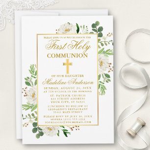 Invitation Aquarelle Blanc Floral Vert Première Communion
