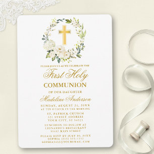 Invitation Aquarelle Blanc Floral Wreath Gold Communion