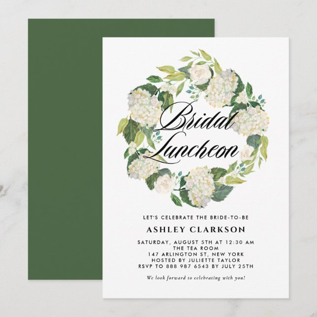 Invitation Aquarelle Blanc Hydrangea Wreath Bridal Luncheon (Devant / Derrière)