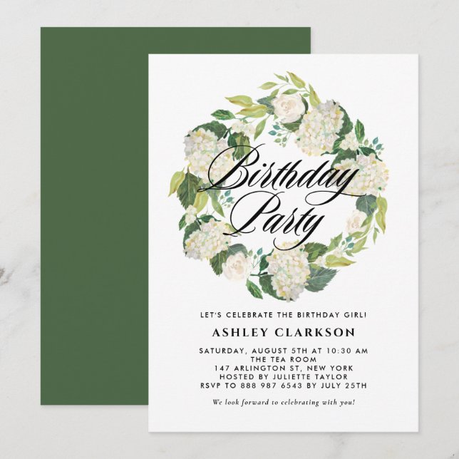 Invitation Aquarelle Blanc Hydrangea Wreath fête d'anniversai (Devant / Derrière)
