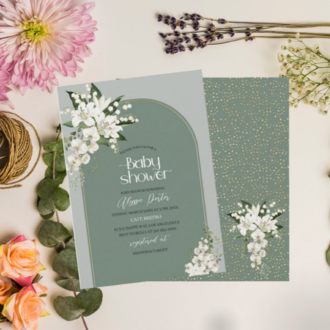 Invitation Aquarelle Blanc Lily et vert arrière - plan Baby S (Créateur téléchargé)