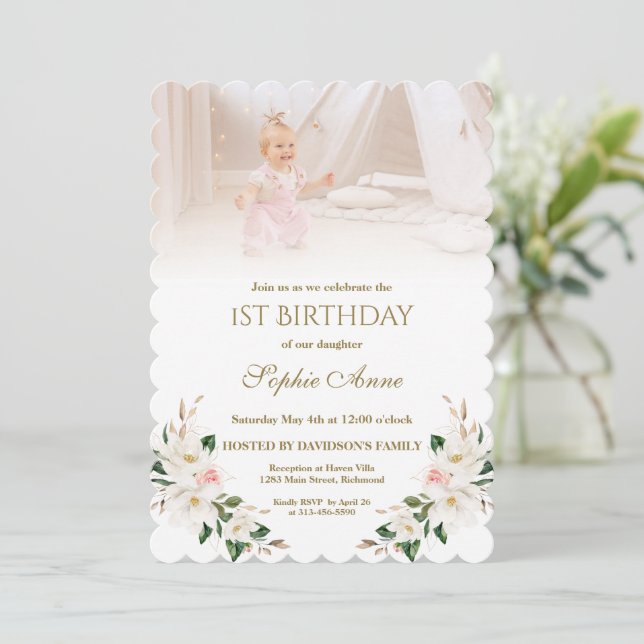 Invitation Aquarelle Blanc Magnolia Photo Girl 1er anniversai (Debout devant)